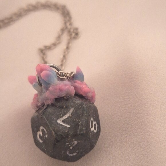 Artisan Handmade DnD D12 Dice Resin Necklace with Polymer Clay Crystals - Picture 5 of 6